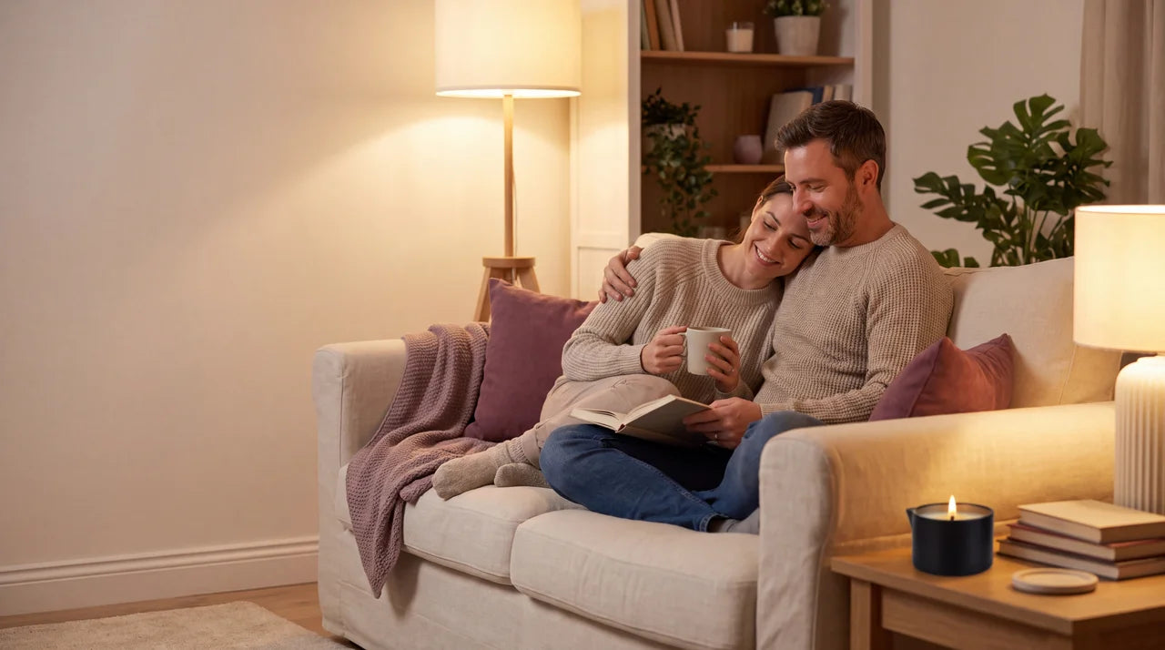 Couple relaxed together at home beside a candle