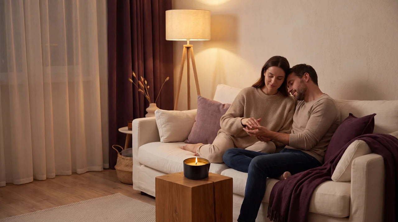 Couple sitting together in a warm living room